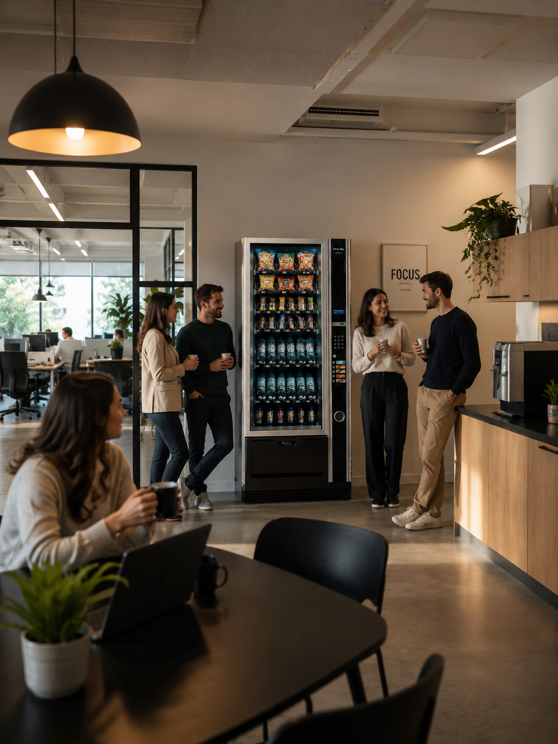 Equipo de oficina junto a máquina de snacks y bebidas
