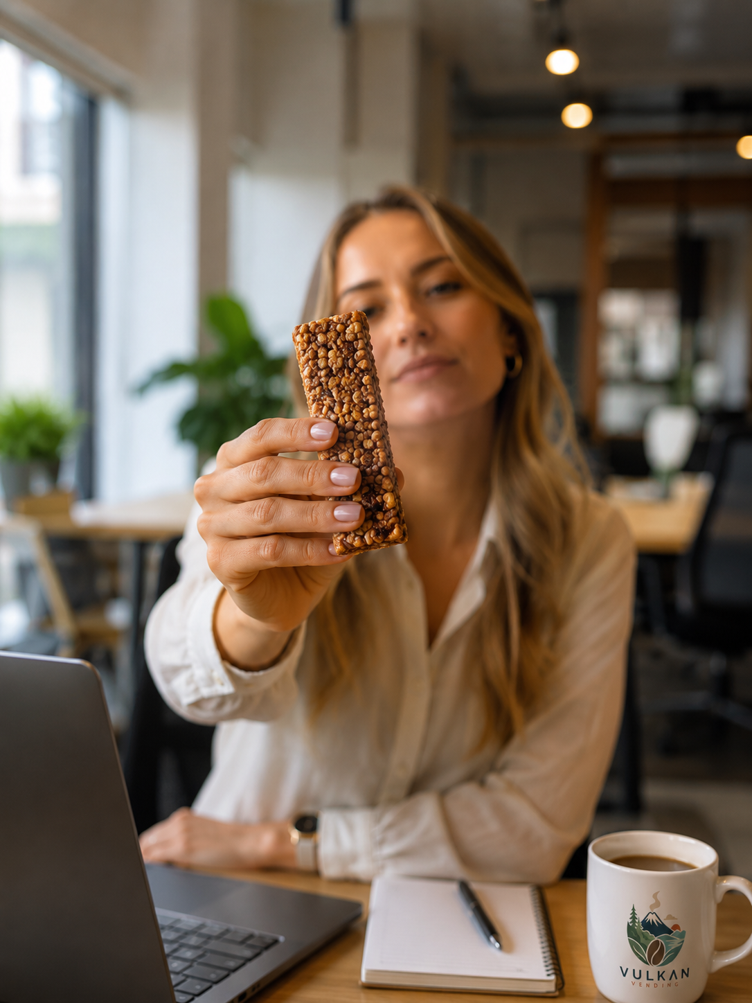 Trabajadora en oficina tomando un snack con una taza Vulkan Vending
