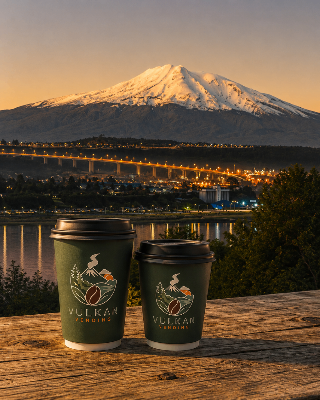 Tazas Vulkan Vending con el volcán Osorno y Puerto Montt al fondo