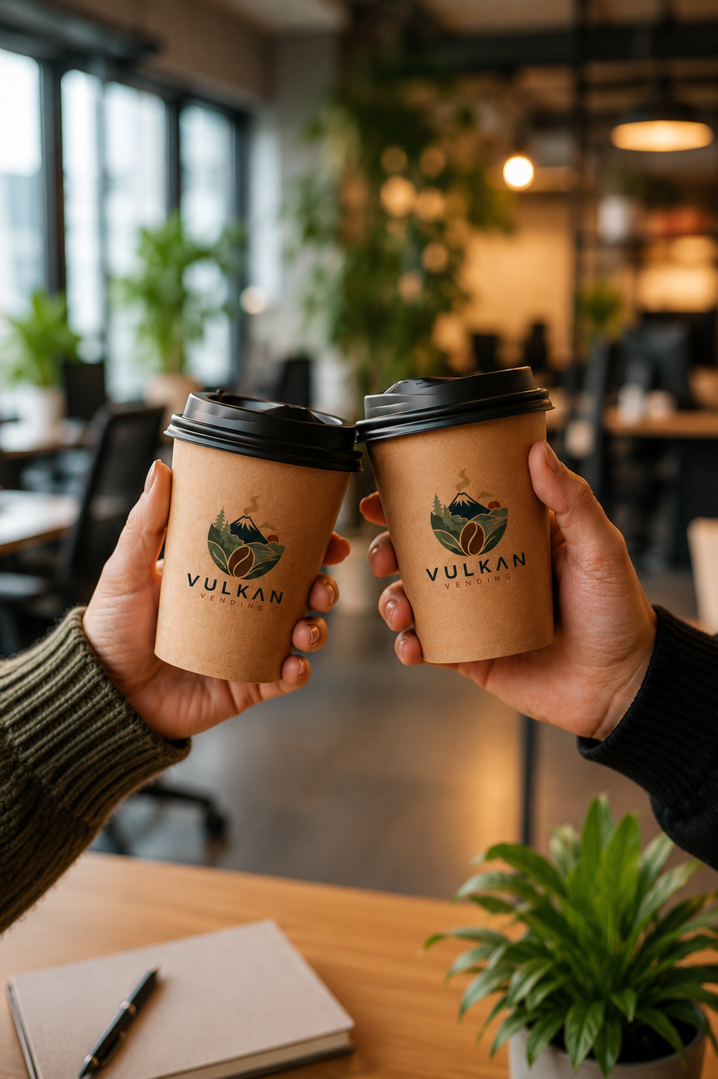 Dos tazas de café Vulkan Vending brindando en una oficina